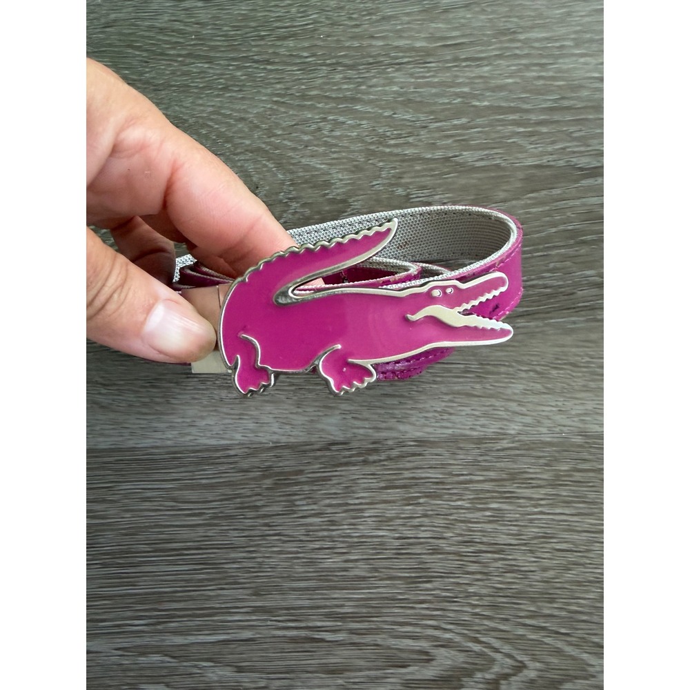 Lacoste Women's Pink Big Crocodile Logo Buckle Belt Size 34 Canvas Leather Mix